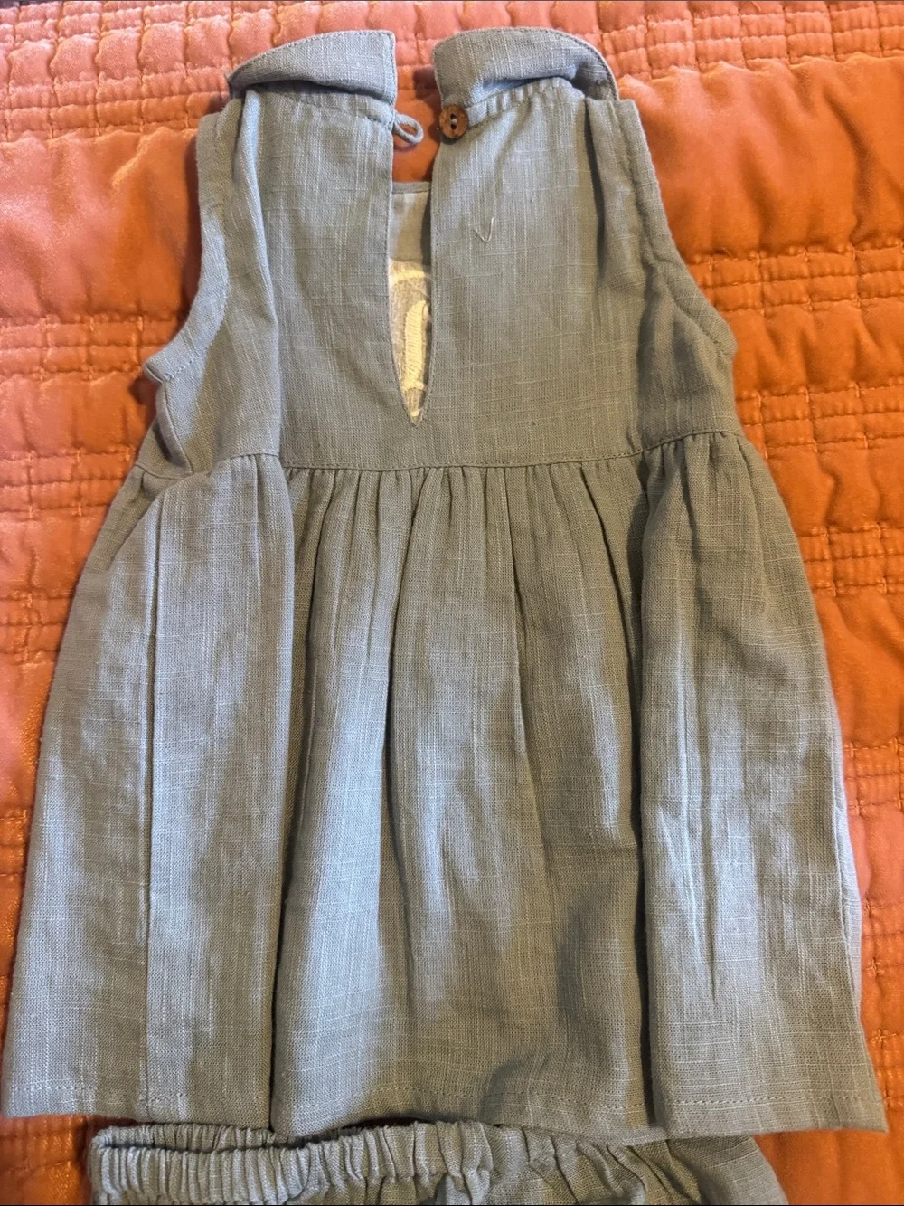 Blue Linen-Texture Baby Dress with Bloomers monogrammed “D”
